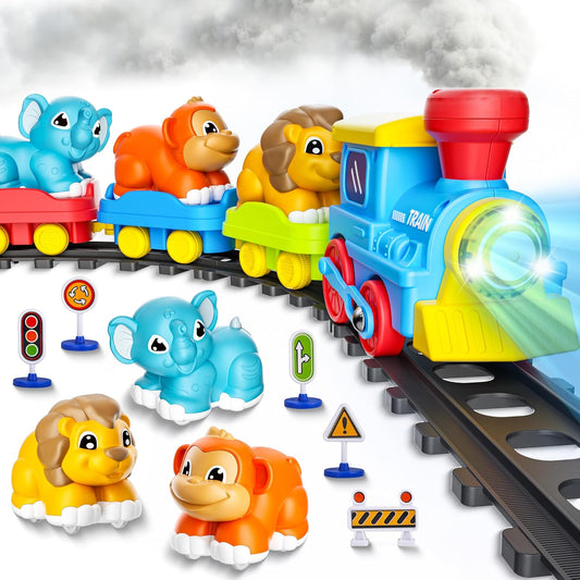 Train Set for Toddlers with Steam, Music, Lights and 3 Animal Cars