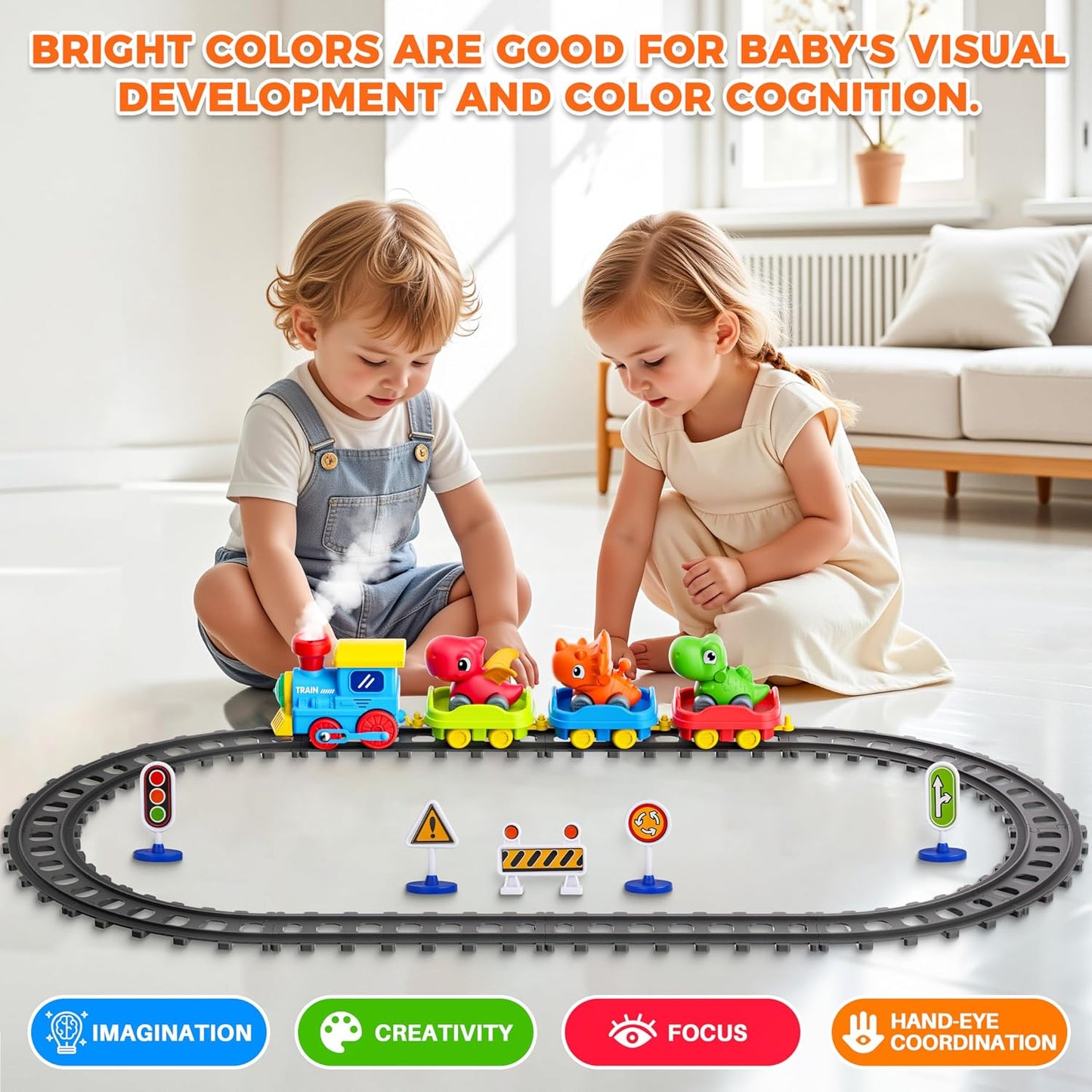 Train Set for Toddlers with Steam, Music, Lights and 3 Dinosaur Cars