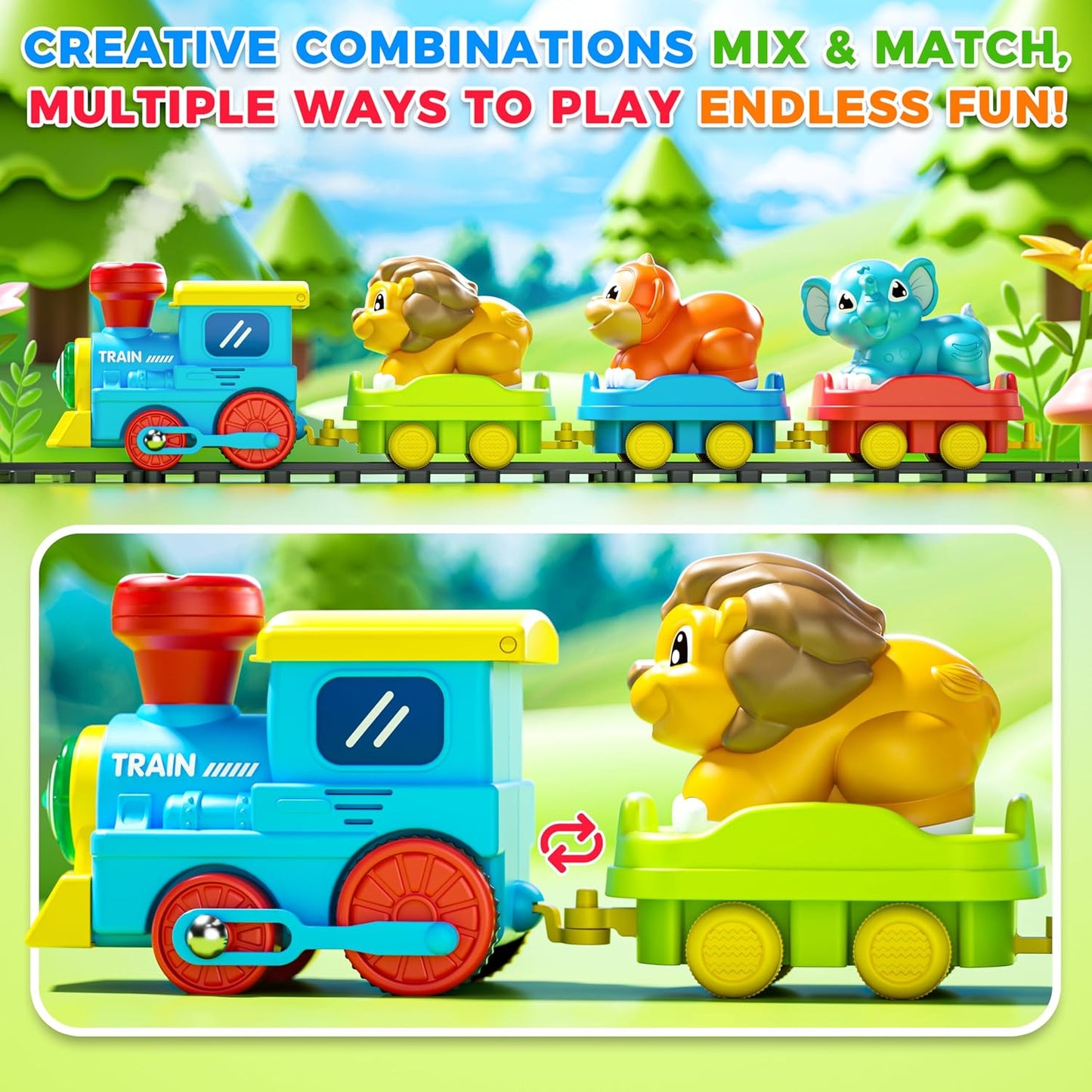 Train Set for Toddlers with Steam, Music, Lights and 3 Animal Cars