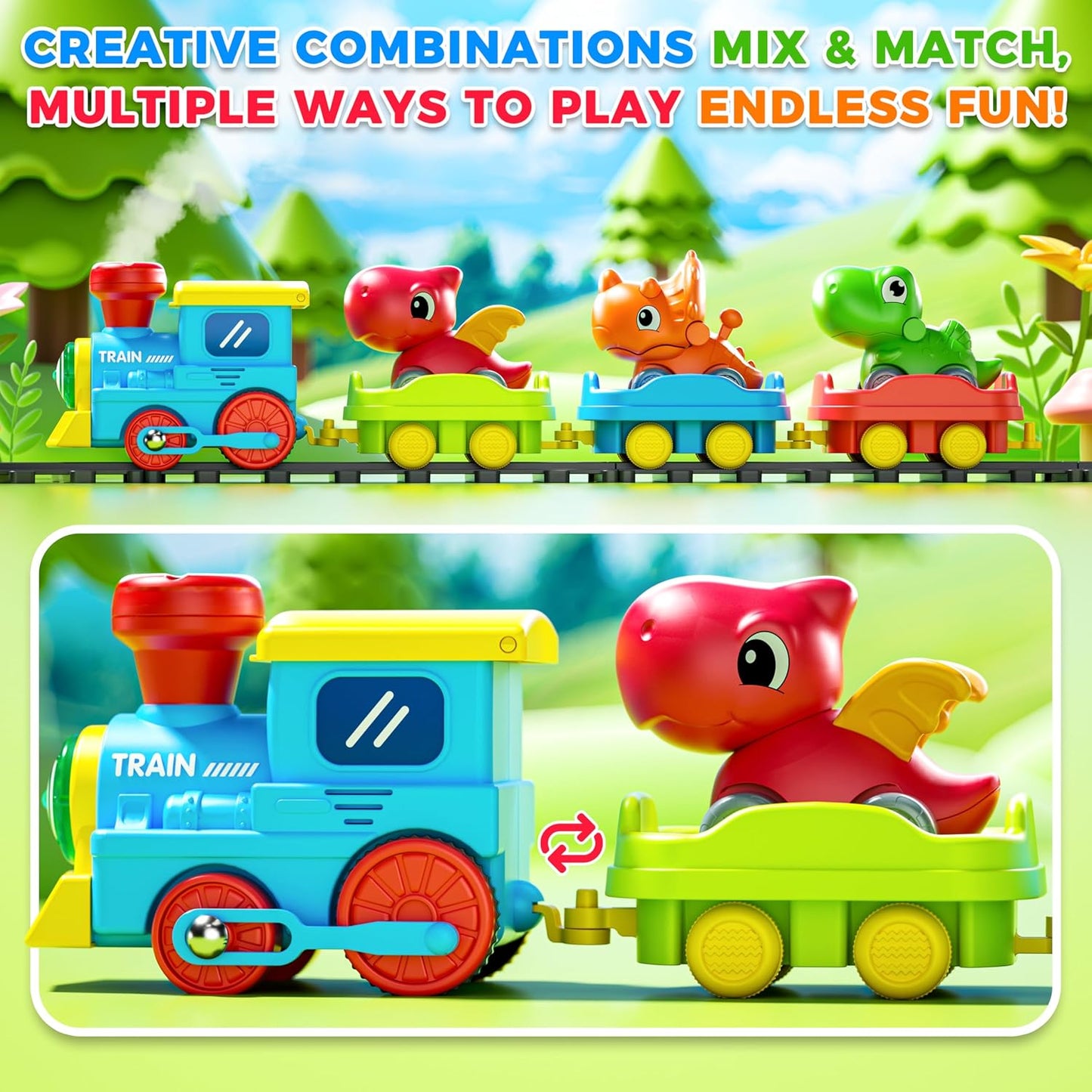 Train Set for Toddlers with Steam, Music, Lights and 3 Dinosaur Cars
